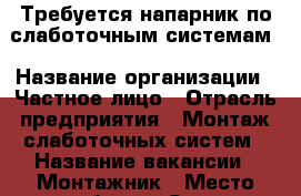 Требуется напарник по слаботочным системам › Название организации ­ Частное лицо › Отрасль предприятия ­ Монтаж слаботочных систем › Название вакансии ­ Монтажник › Место работы ­ Санкт-Петербург - Ленинградская обл. Работа » Вакансии   . Ленинградская обл.